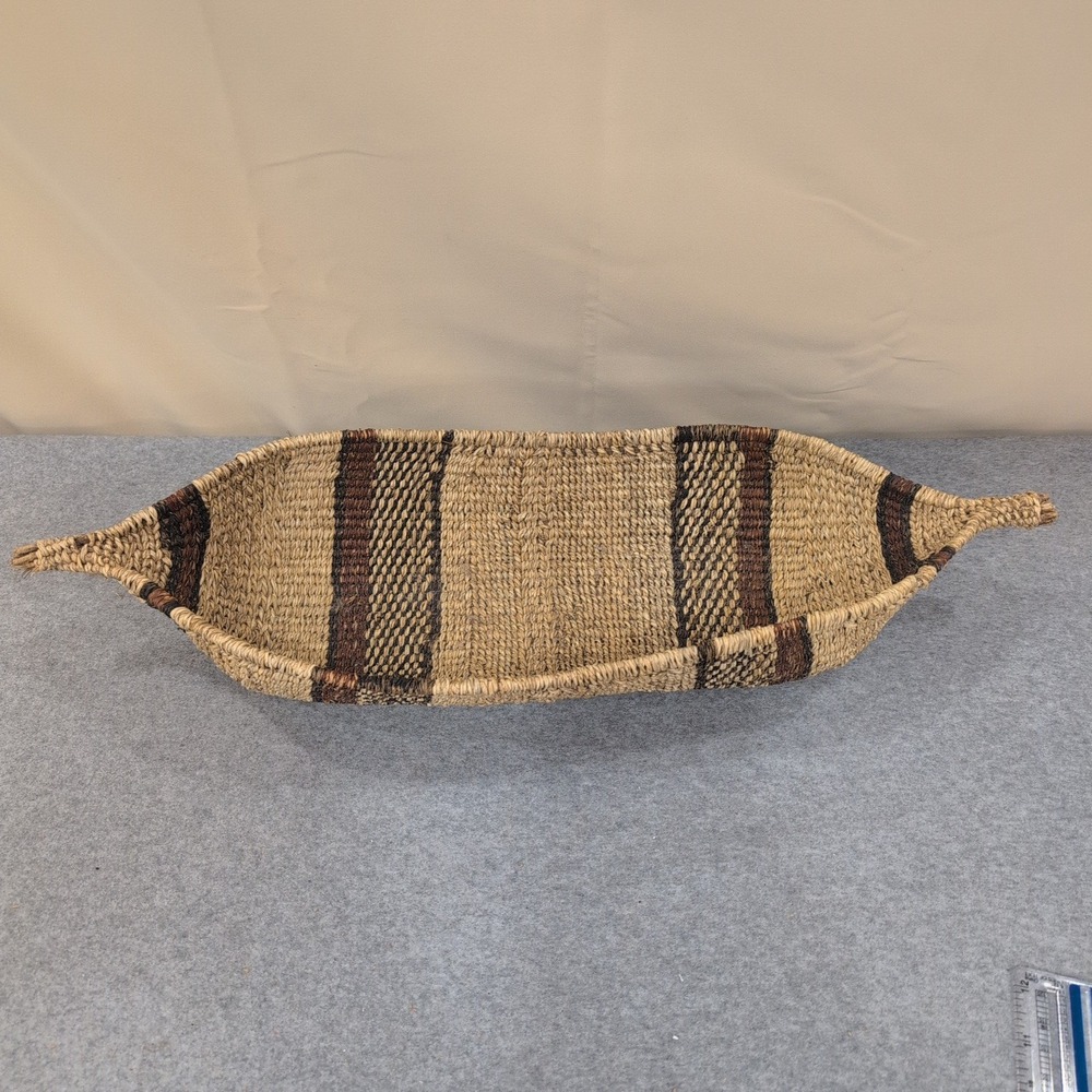 Ethiopian Handwoven Basket Boat Shaped Natural Fiber Striped Brown Tan - Picture 2 of 10